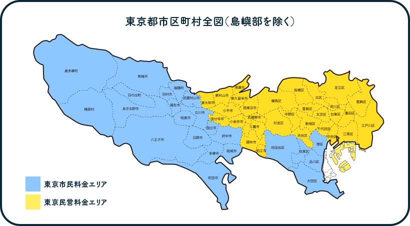 東京都の民営料金と市民料金のエリア